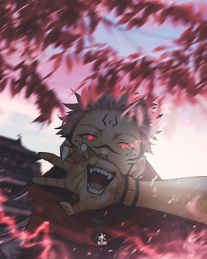 Sukuna from Jujutsu Kaisen screaming with red eyes and cursed energy under cherry blossoms HD phone wallpaper