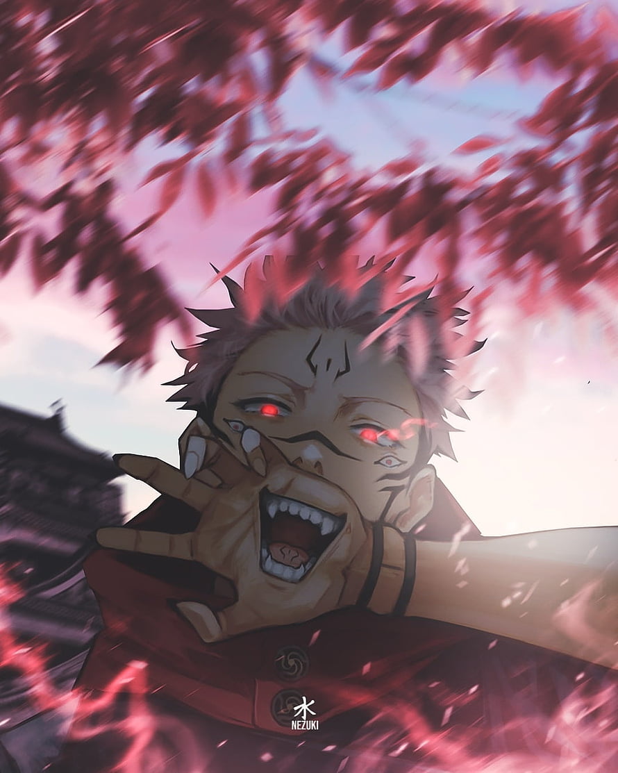 Sukuna from Jujutsu Kaisen screaming with red eyes and cursed energy under cherry blossoms HD phone wallpaper