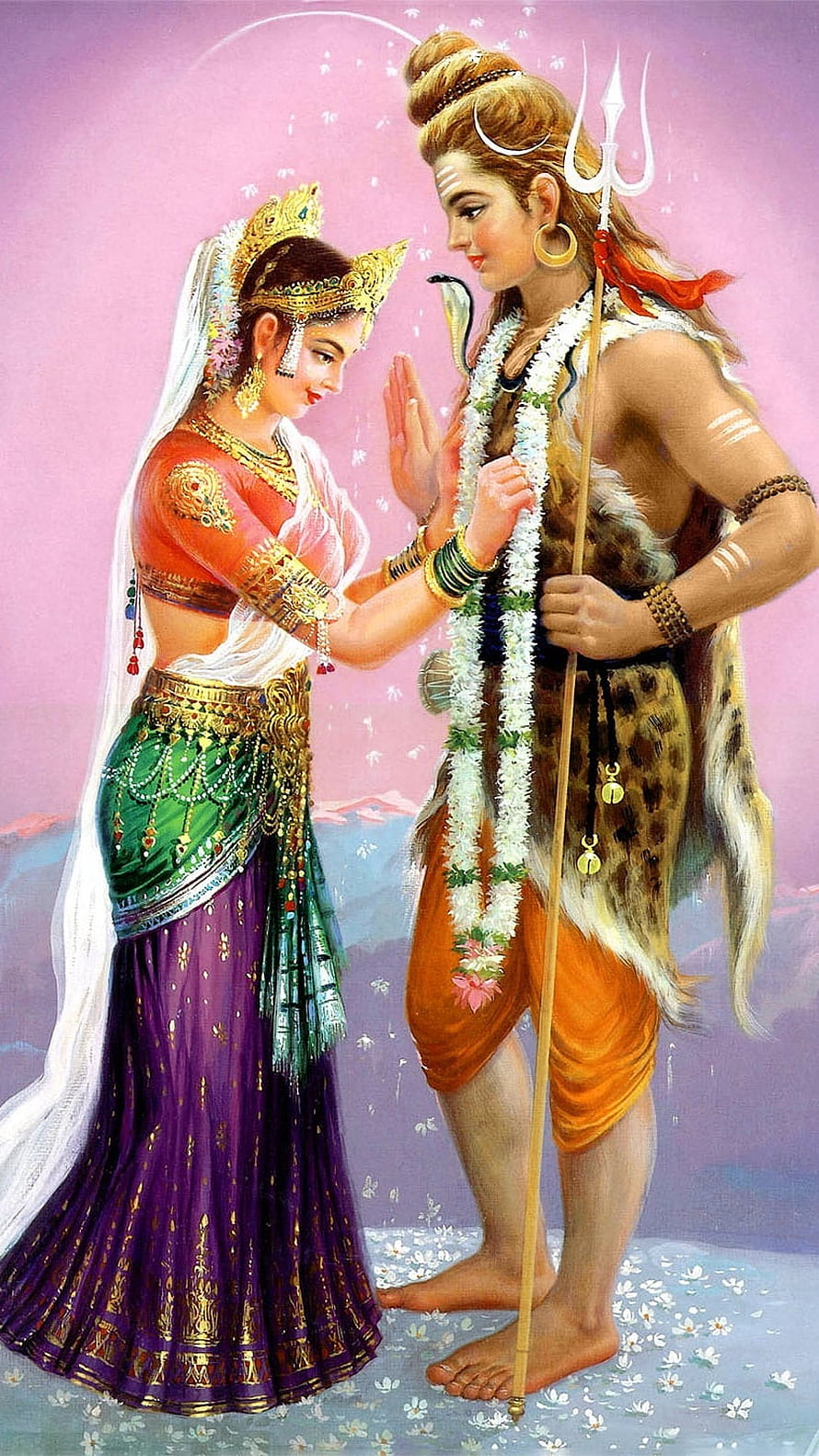 Shiva and Parvati Devotional Artwork with Trishul and Floral Garlands HD phone wallpaper