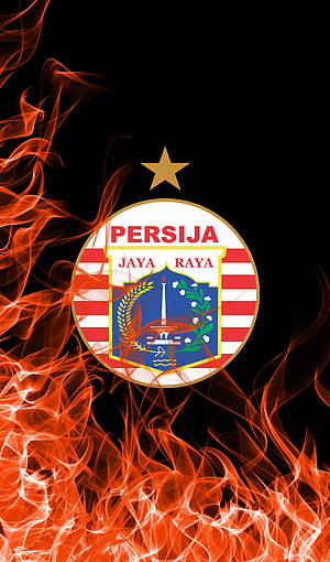 Persija Jakarta Club Crest with Fiery Red Smoke on Black Background HD phone wallpaper