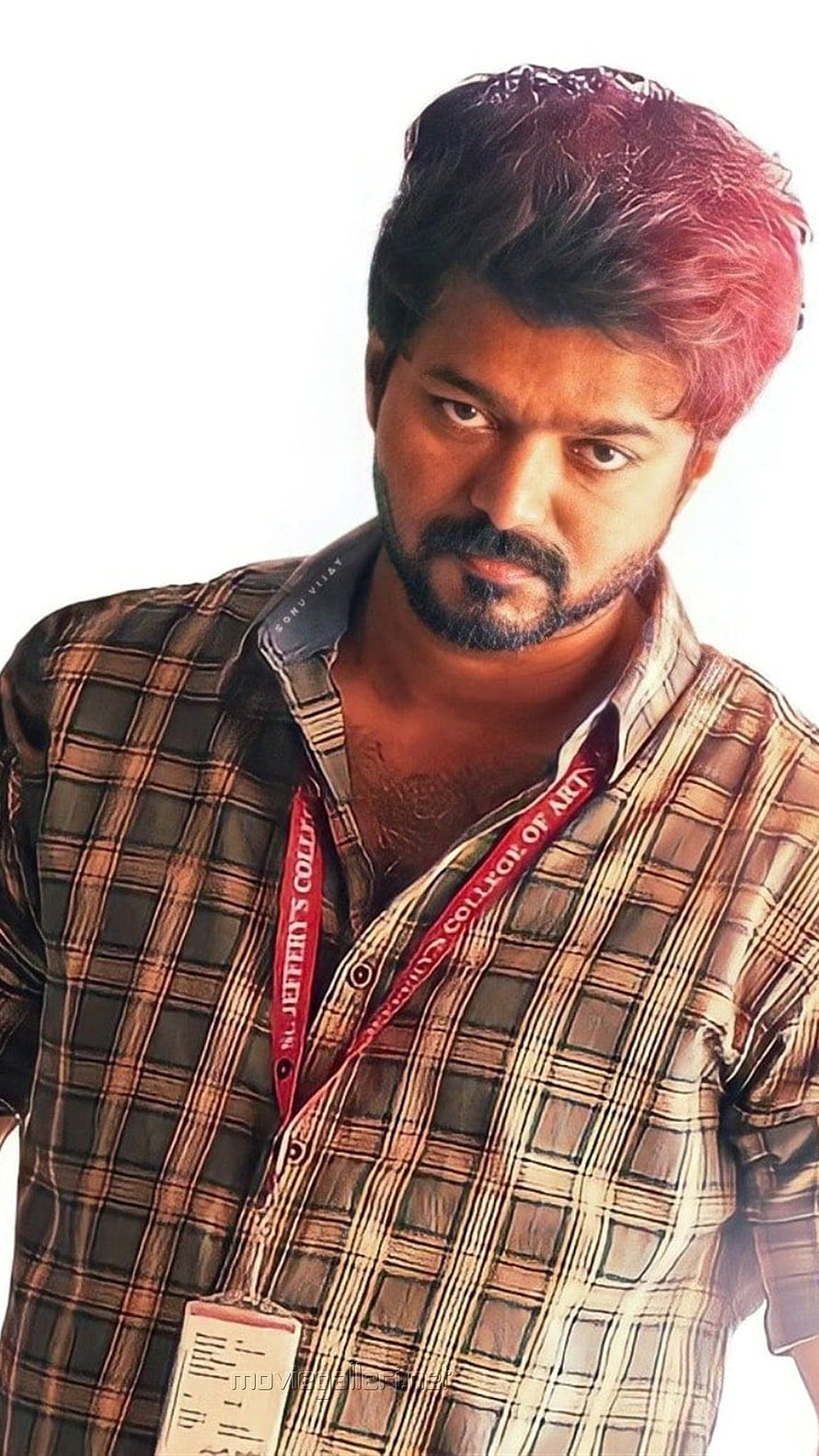 Vijay in a plaid shirt with a college lanyard and intense expression HD phone wallpaper