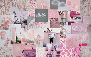 Pink Aesthetic Collage Wallpaper With Neon Signs, Clouds, and Inspirational Quotes HD wallpaper
