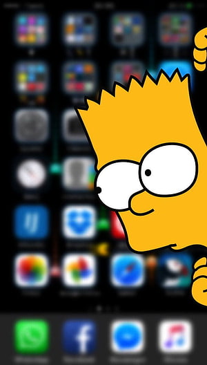 Bart Simpson Peeking Over Blurred iPhone Home Screen Wallpaper HD phone wallpaper