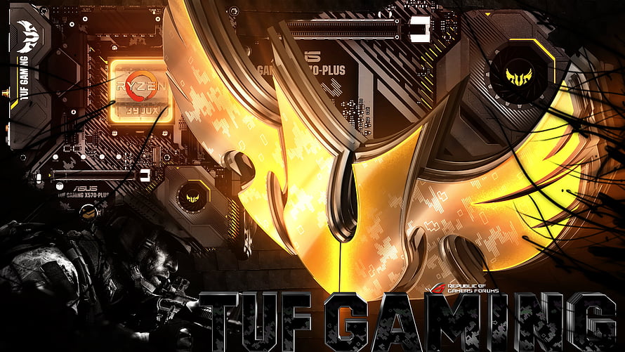 Asus TUF Gaming X570-Plus Motherboard with Ryzen 3900X Processor and Soldier Illustration HD wallpaper