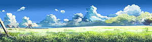 Sunny Anime Grassland with Blue Sky and Fluffy Clouds HD wallpaper