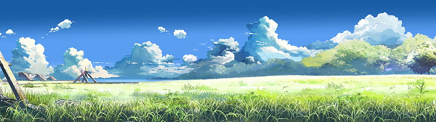 Sunny Anime Grassland with Blue Sky and Fluffy Clouds HD wallpaper
