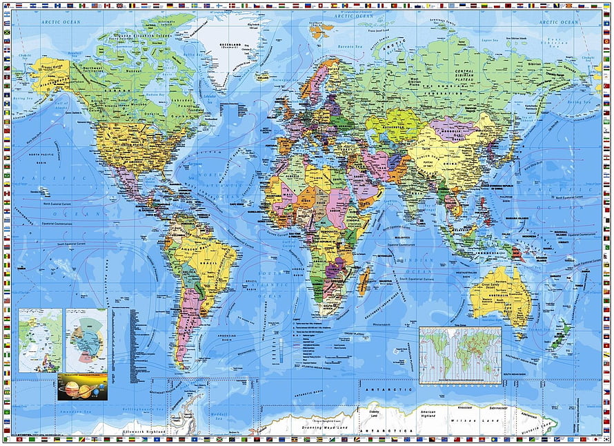 Detailed Political World Map With Country Borders, Capitals, And Ocean Currents HD wallpaper