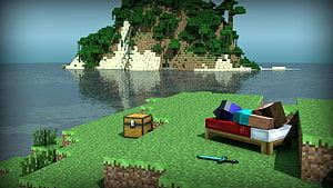 Minecraft Island Scene With Chest, Bed, and Diamond Sword on Grassy Shore HD wallpaper