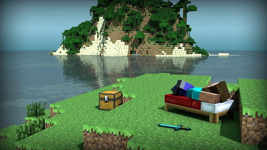 Minecraft Island Scene With Chest, Bed, and Diamond Sword on Grassy Shore HD wallpaper