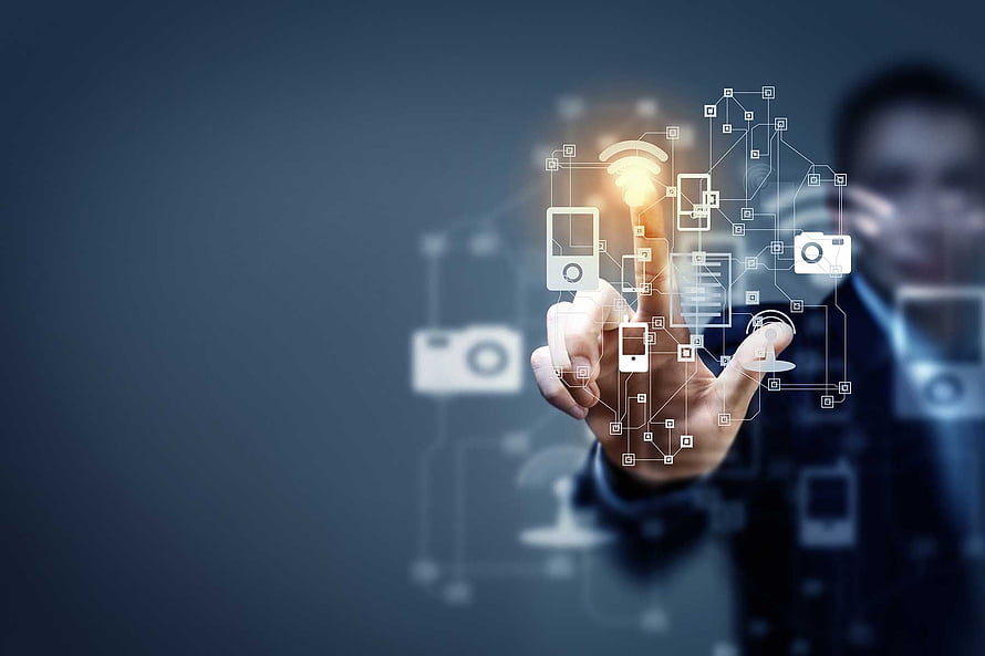 Businessman Interacting With Futuristic Digital Interface And Connected Device Icons, Why #cloudcomputing is not just a technological evolution in #Government?. Digital marketing design, Technology , Social network icons, Business Analytics HD wallpaper