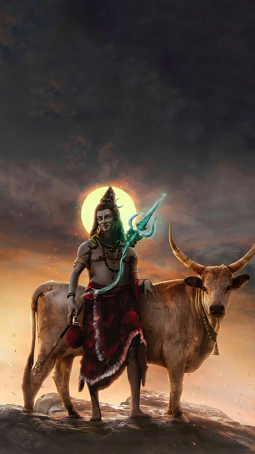 Lord Shiva Standing With Nandi Bull Against Dramatic Sunset Sky HD phone wallpaper