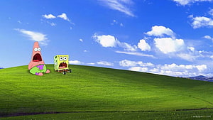 SpongeBob SquarePants and Patrick Star on the iconic Windows XP Bliss green hill background HD wallpaper