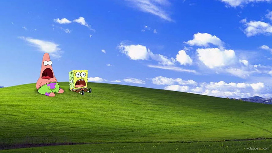 SpongeBob SquarePants and Patrick Star on the iconic Windows XP Bliss green hill background HD wallpaper