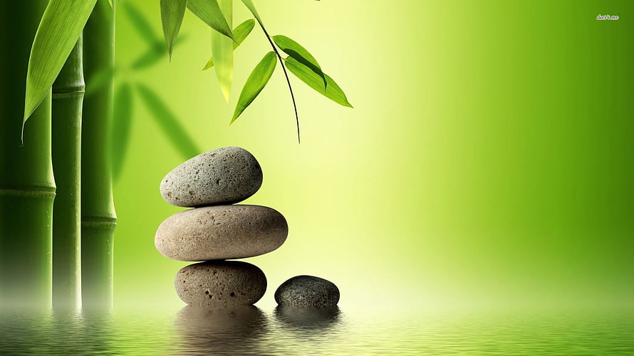 Stacked Zen Stones and Bamboo Stalks on a Soft Green Gradient Background HD wallpaper
