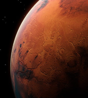 Mars Planet Surface Close-Up with Craters and Red Terrain Against Deep Space HD phone wallpaper