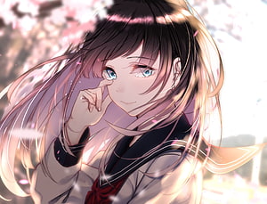 Anime girl in school uniform wiping a tear under cherry blossoms HD wallpaper