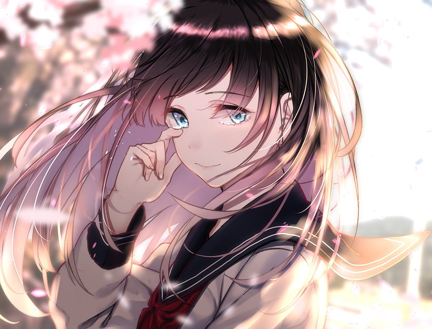 Anime girl in school uniform wiping a tear under cherry blossoms HD wallpaper