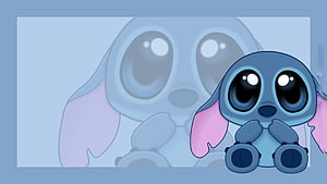 Cute Baby Stitch Sitting with Large Eyes and Pink Ears on Soft Blue Background HD wallpaper