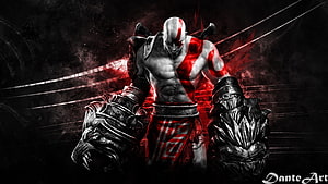 Kratos from God of War with Blades of Chaos in Dark Red Fantasy Art HD wallpaper