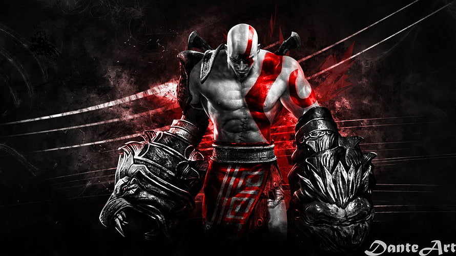 Kratos from God of War with Blades of Chaos in Dark Red Fantasy Art HD wallpaper