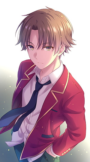 Kiyotaka Ayanokoji anime character in red school uniform with gold trim and dark tie HD phone wallpaper