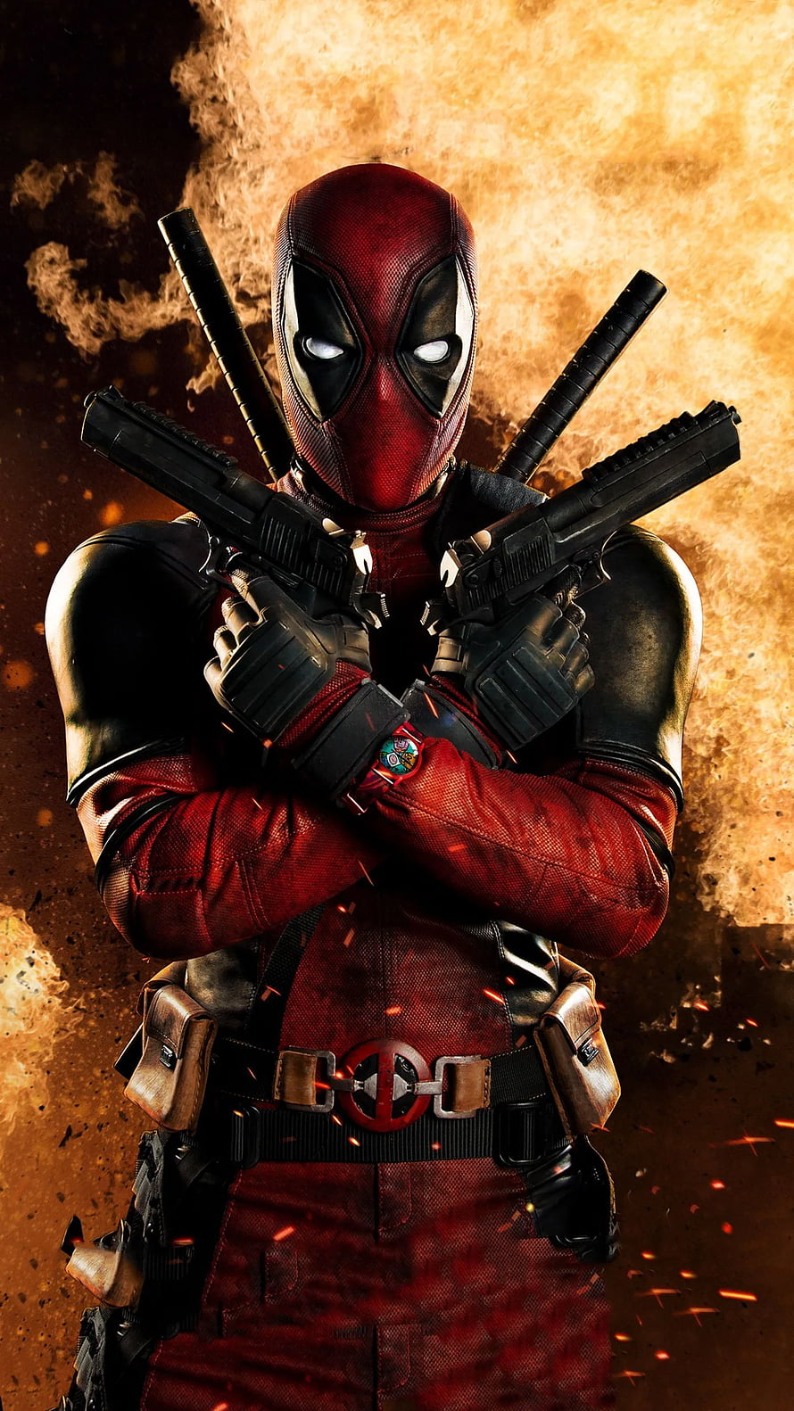 Deadpool in red and black suit holding dual pistols with swords crossed behind him against fiery explosion background HD phone wallpaper