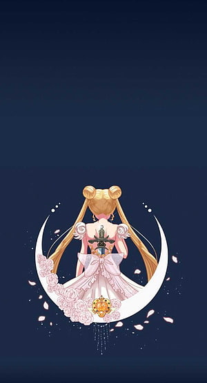 Sailor Moon Back View Sitting on Crescent Moon with Pink Roses and Stars HD phone wallpaper
