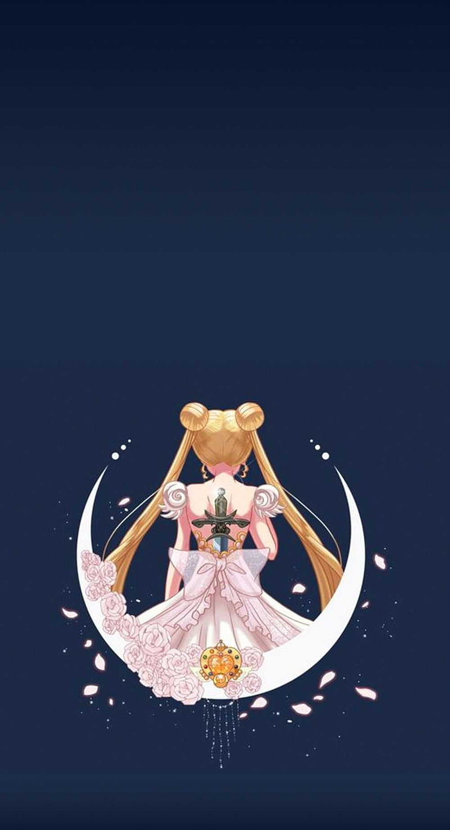 Sailor Moon Back View Sitting on Crescent Moon with Pink Roses and Stars HD phone wallpaper