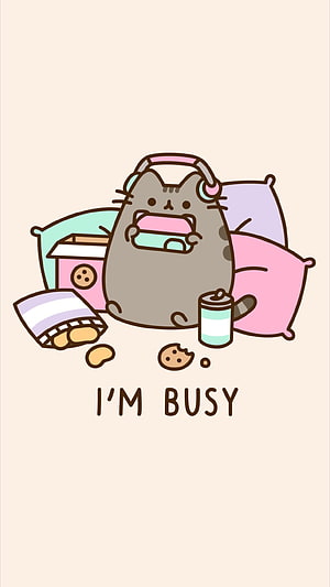 Pusheen Cat Eating Cookies and Snacks with Headphones HD phone wallpaper