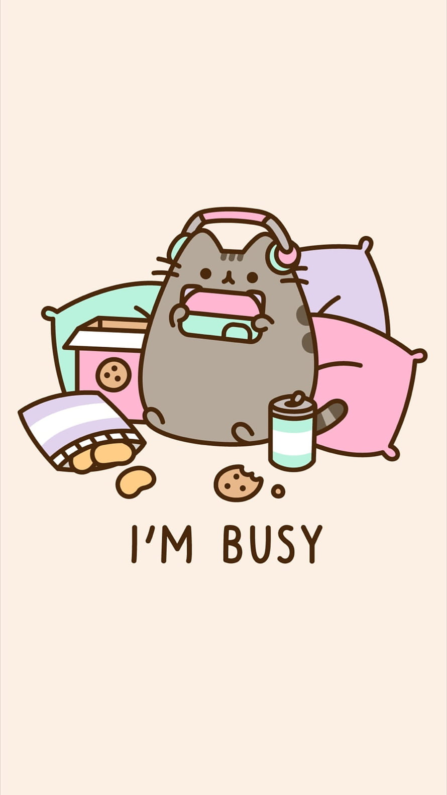Pusheen Cat Eating Cookies and Snacks with Headphones HD phone wallpaper