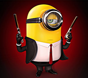 Minion in a black suit holding two guns against a red background HD wallpaper