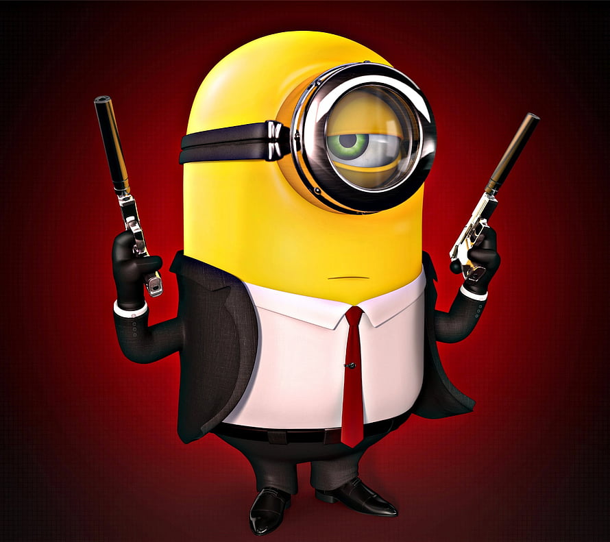 Minion in a black suit holding two guns against a red background HD wallpaper