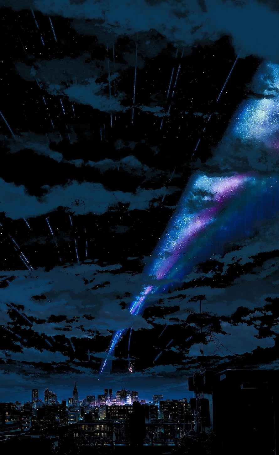 Anime Style Night Sky With Shooting Stars Over Cityscape HD phone wallpaper
