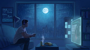 Lo-fi anime illustration of a person gaming at night with a full moon and rainy city skyline HD wallpaper