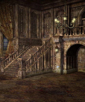 Dark Gothic Castle Interior with Grand Staircase and Ornate Chandelier HD phone wallpaper