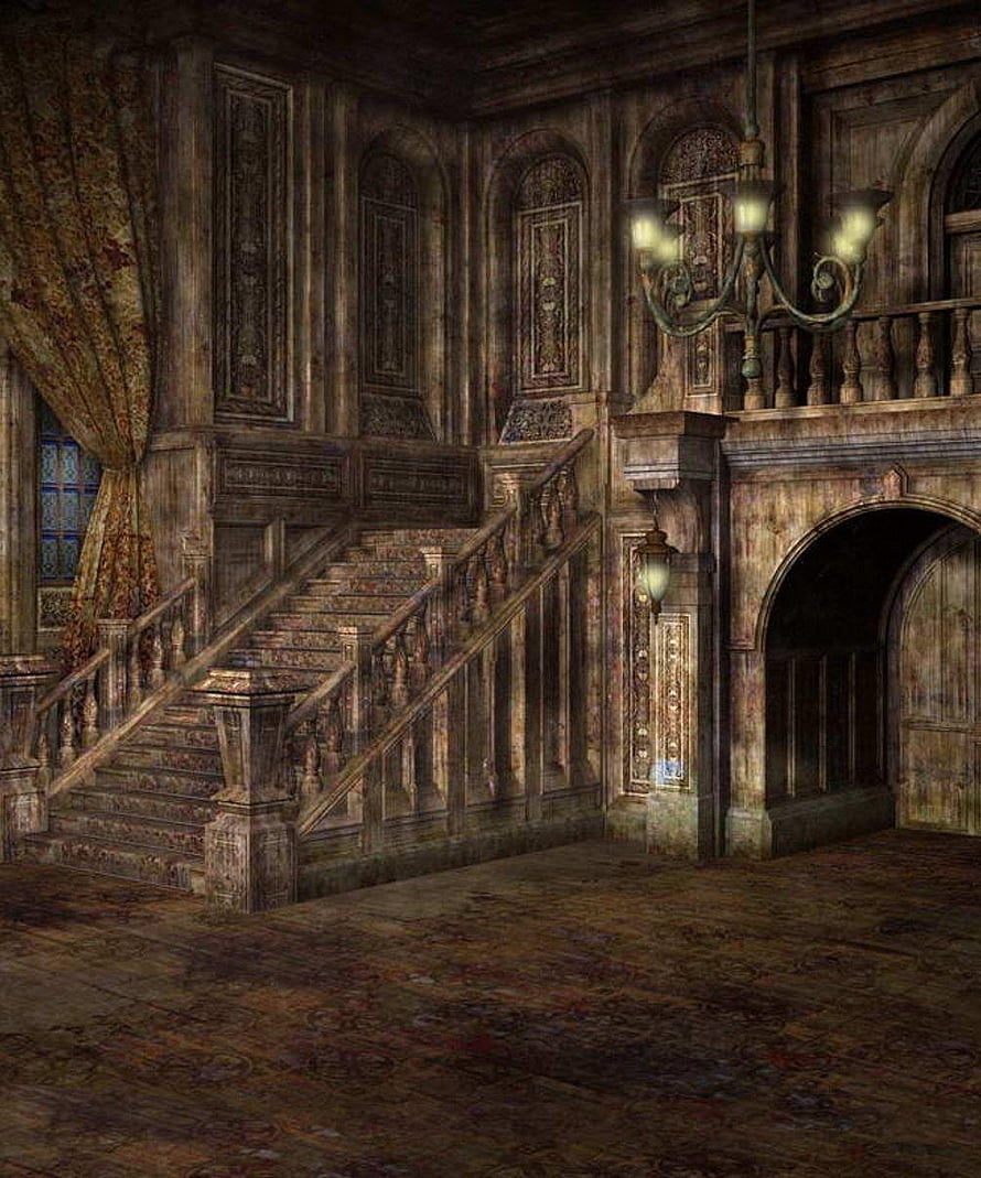 Dark Gothic Castle Interior with Grand Staircase and Ornate Chandelier HD phone wallpaper