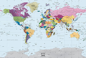 Detailed Political World Map with Country Borders and Ocean Labels HD wallpaper