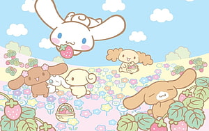 Cinnamoroll and Friends Strawberry Picking in a Flower Field HD wallpaper