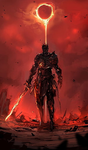Dark Souls Knight With Glowing Ring And Sword In Red Hellscape HD phone wallpaper