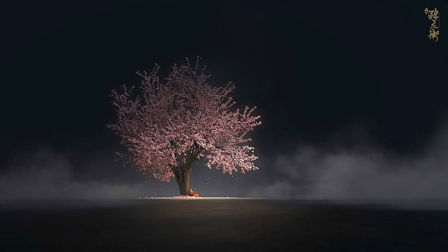 Lone Cherry Blossom Tree in Misty Night Landscape with Small Figure HD wallpaper
