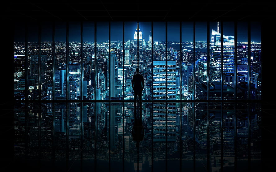 Silhouette of a Man Standing in a High-Rise Office Overlooking a Glowing City at Night, 2560X1600 HD wallpaper