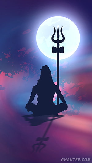 Lord Shiva Silhouette Meditating with Trishula Under a Full Moon HD phone wallpaper
