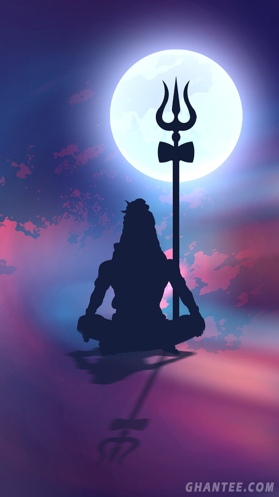 Lord Shiva Silhouette Meditating with Trishula Under a Full Moon HD phone wallpaper