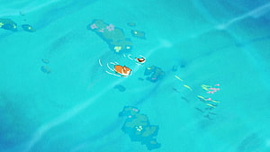 Cute Corgi and Small Dog Swimming in Turquoise Water with Rocks and Fish HD wallpaper