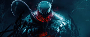 Venom Dark Concept Art with Glowing Red Eyes and Tendrils HD wallpaper