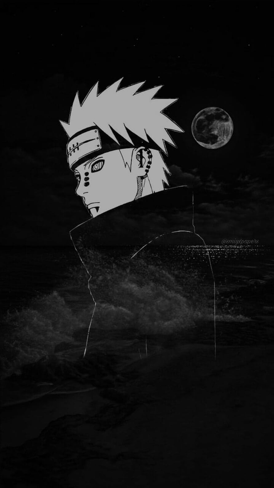Pain from Naruto in Monochrome Anime Art Against a Dark Ocean and Moonlit Sky HD phone wallpaper