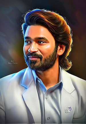 Digital Portrait of Dhanush in a White Suit with Warm Lighting and Stylized Hair HD phone wallpaper