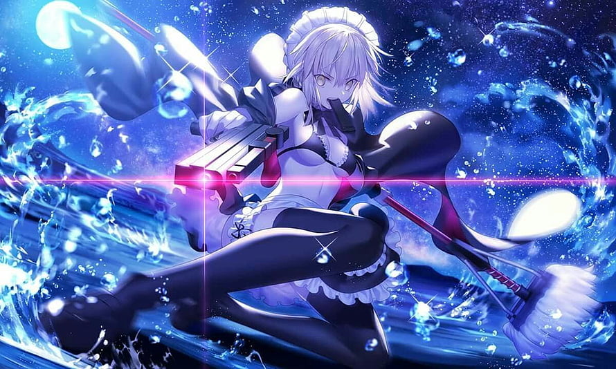 Fate Grand Order Kama Maid Character with Mop and Water Splash Anime Art HD wallpaper