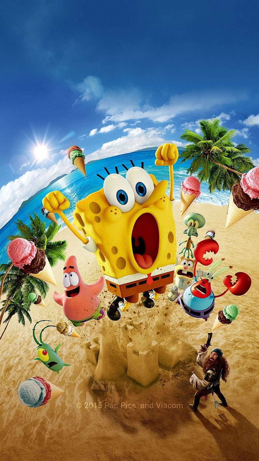 SpongeBob SquarePants Movie Beach Scene with Patrick, Squidward, and Mr. Krabs HD phone wallpaper