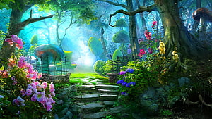 Enchanted Forest Path with Giant Mushrooms and Vibrant Flowers HD wallpaper